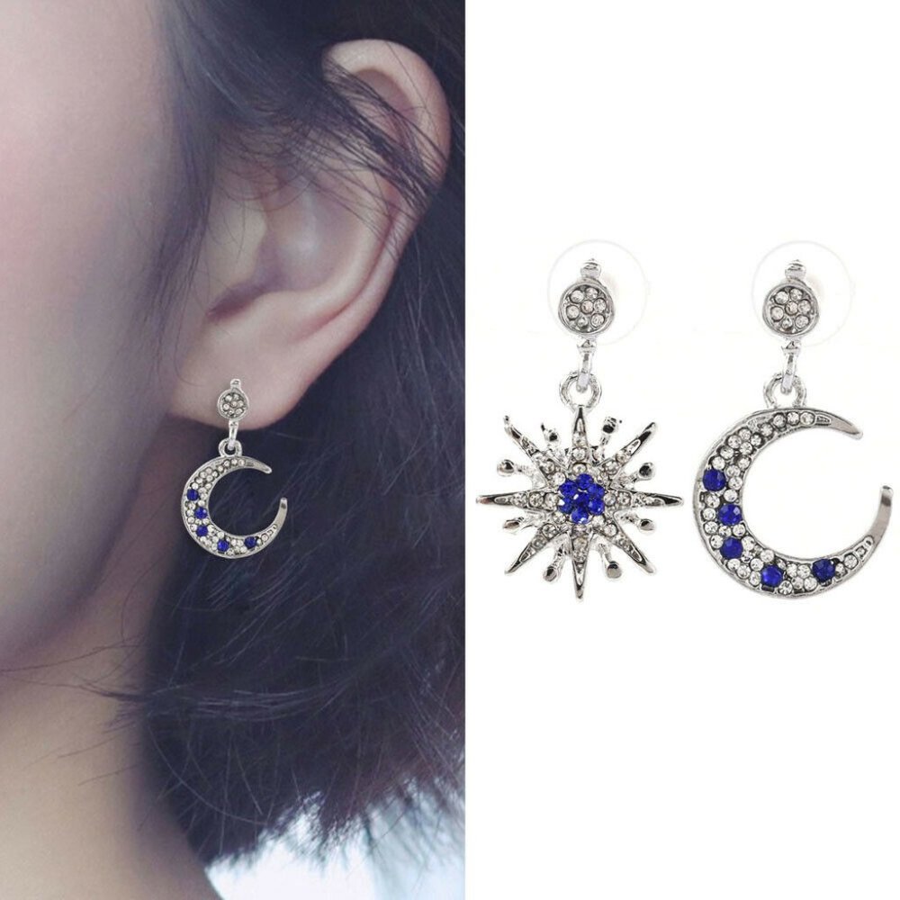 Silver Drop Blue Sapphire Moon Star Earrings - Picture 2 of 9